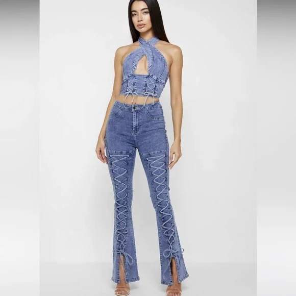 Maniere De Voir denim crossover halter top - Picture 3 of 3